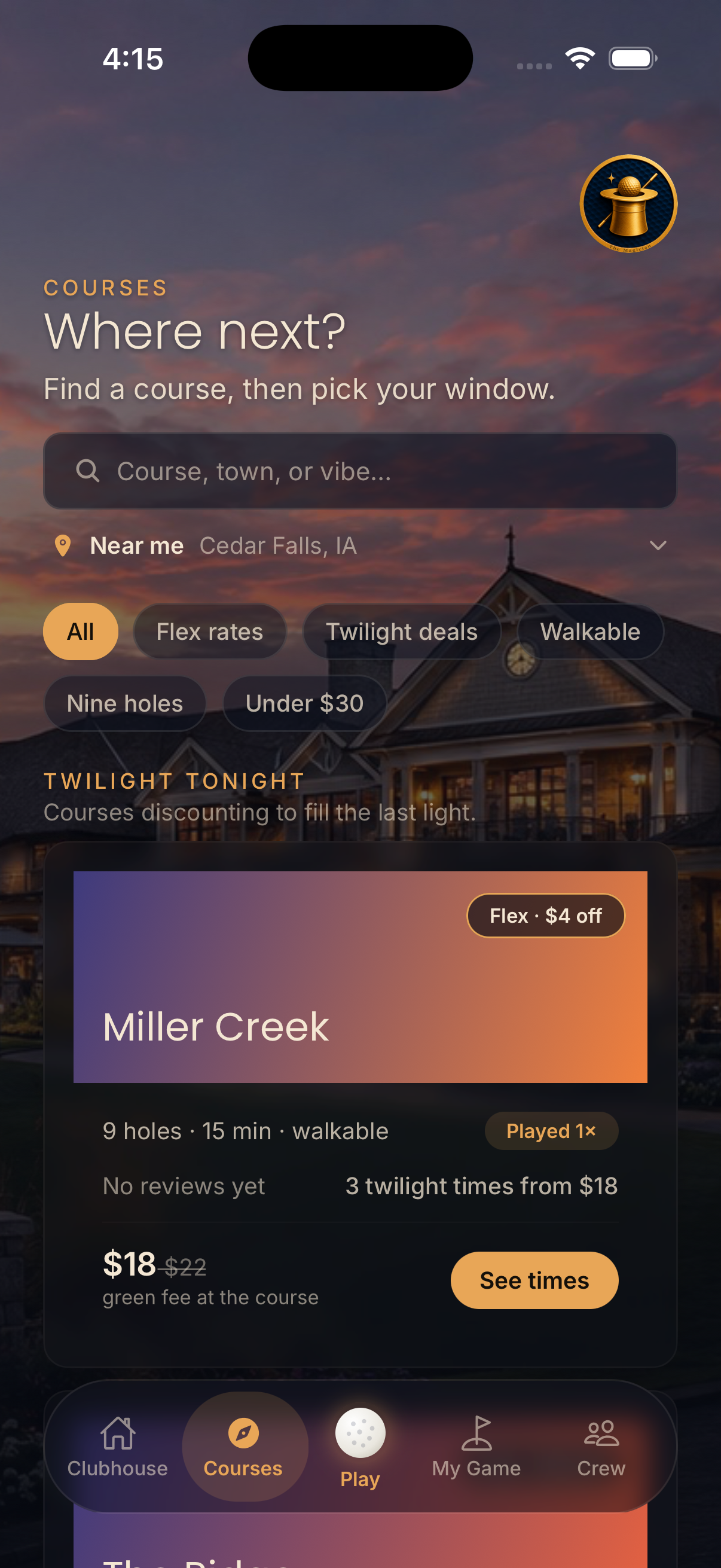 Live Twilight Clubhouse course discovery screen with filters and available twilight times
