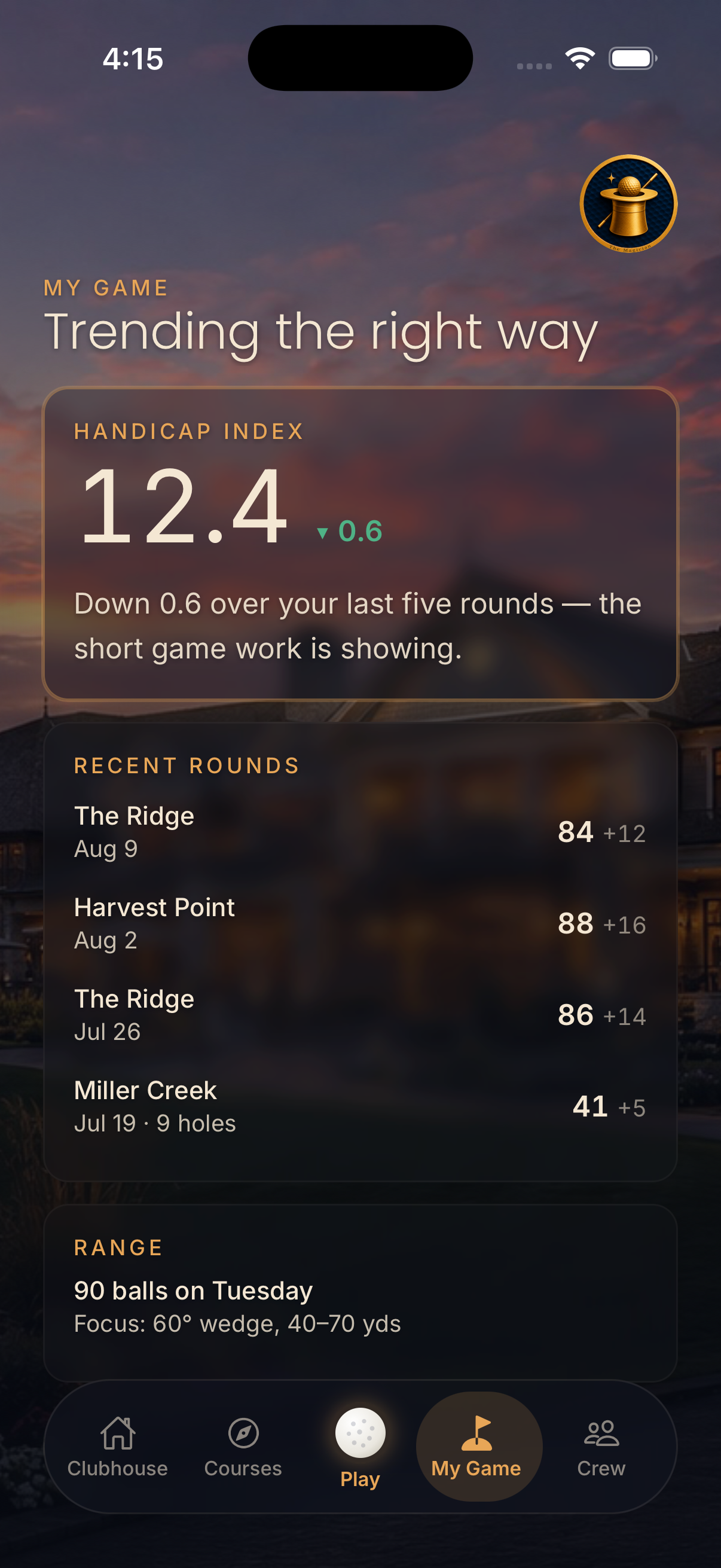Twilight Clubhouse My Game screen showing golfer round information