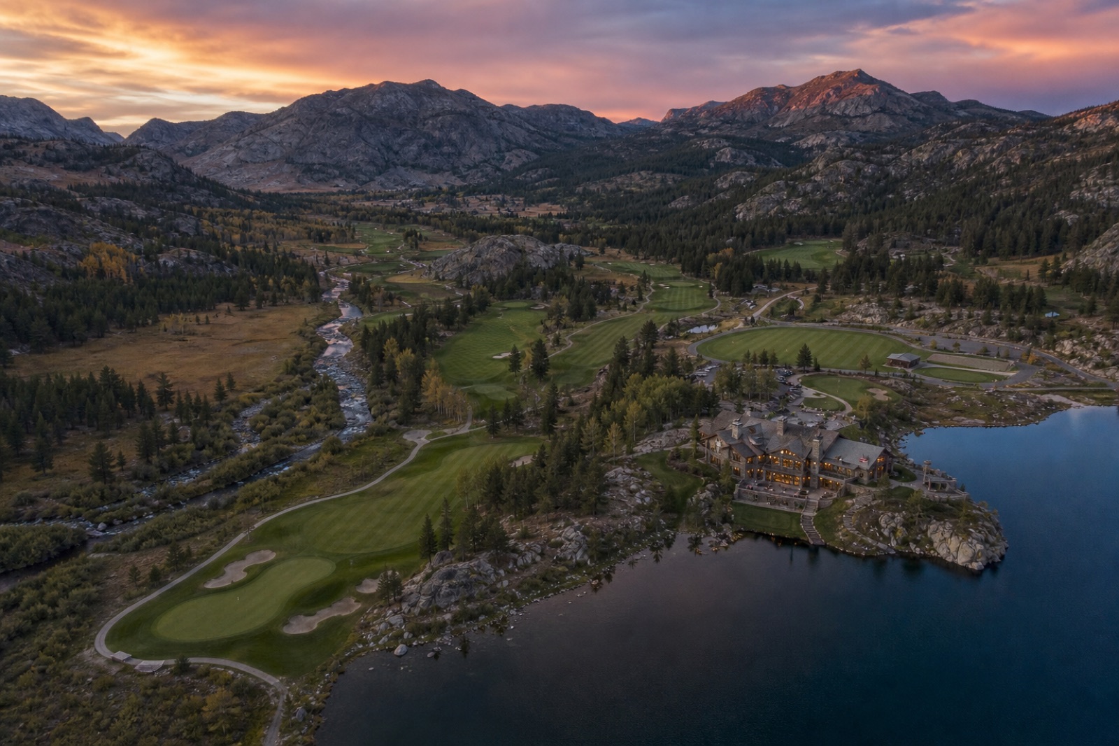 Illustrative golf course landscape at evening