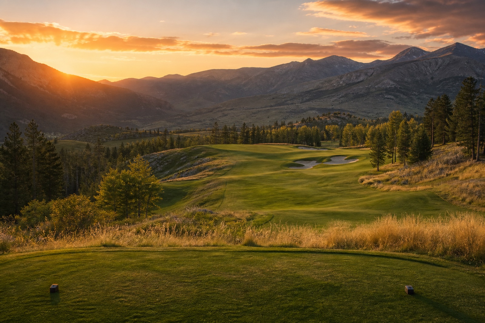 Illustrative golf course visual at sunset