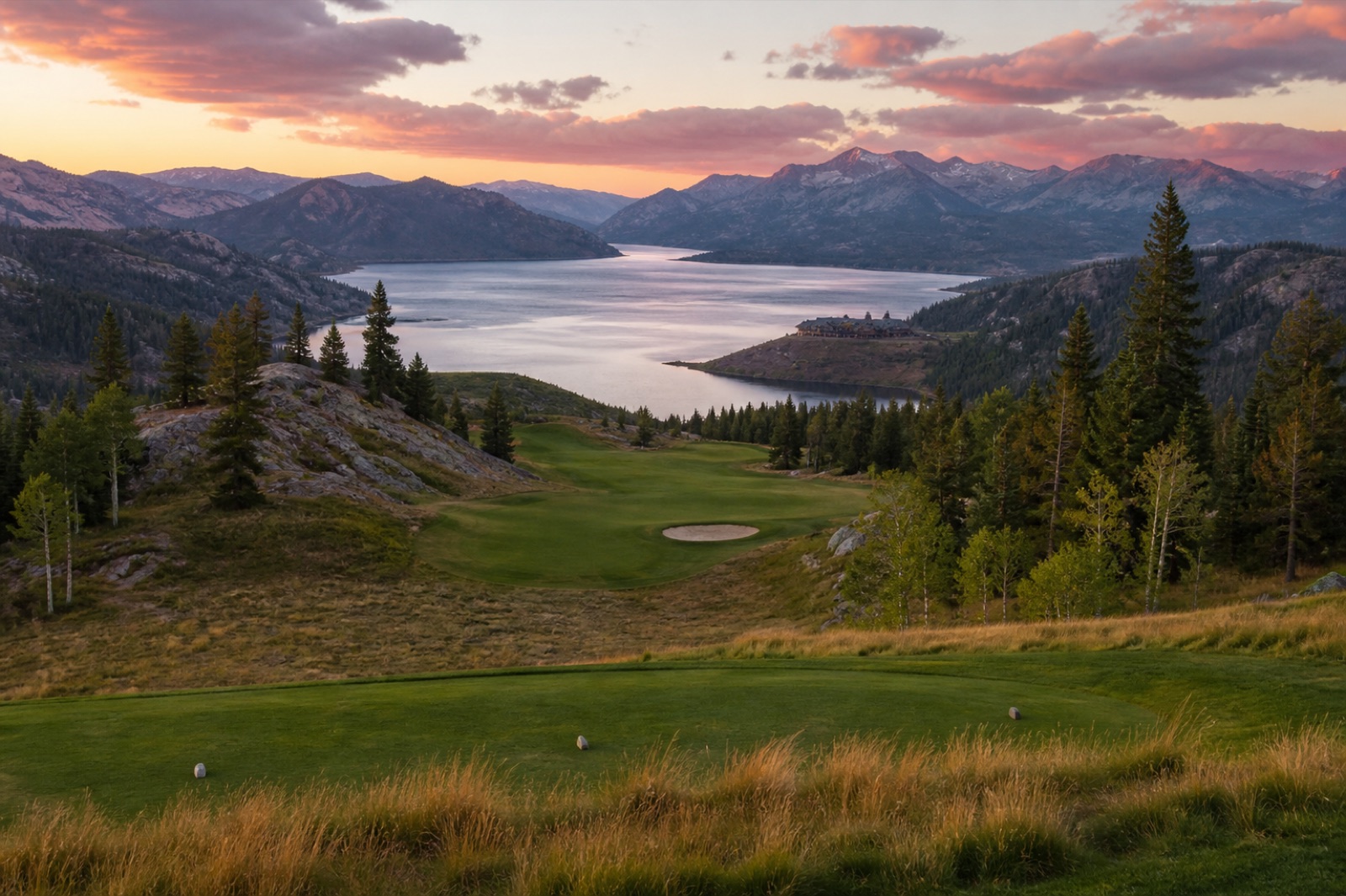 Illustrative golf course visual beneath a copper evening sky
