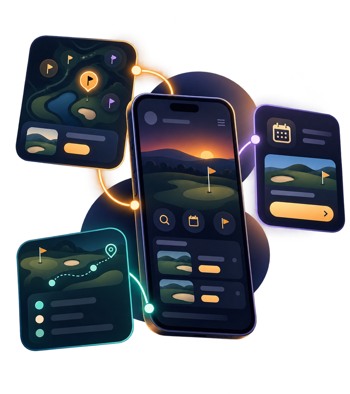 Illustrative Twilight Golfer App concept showing course discovery, a tee time, and an upcoming round