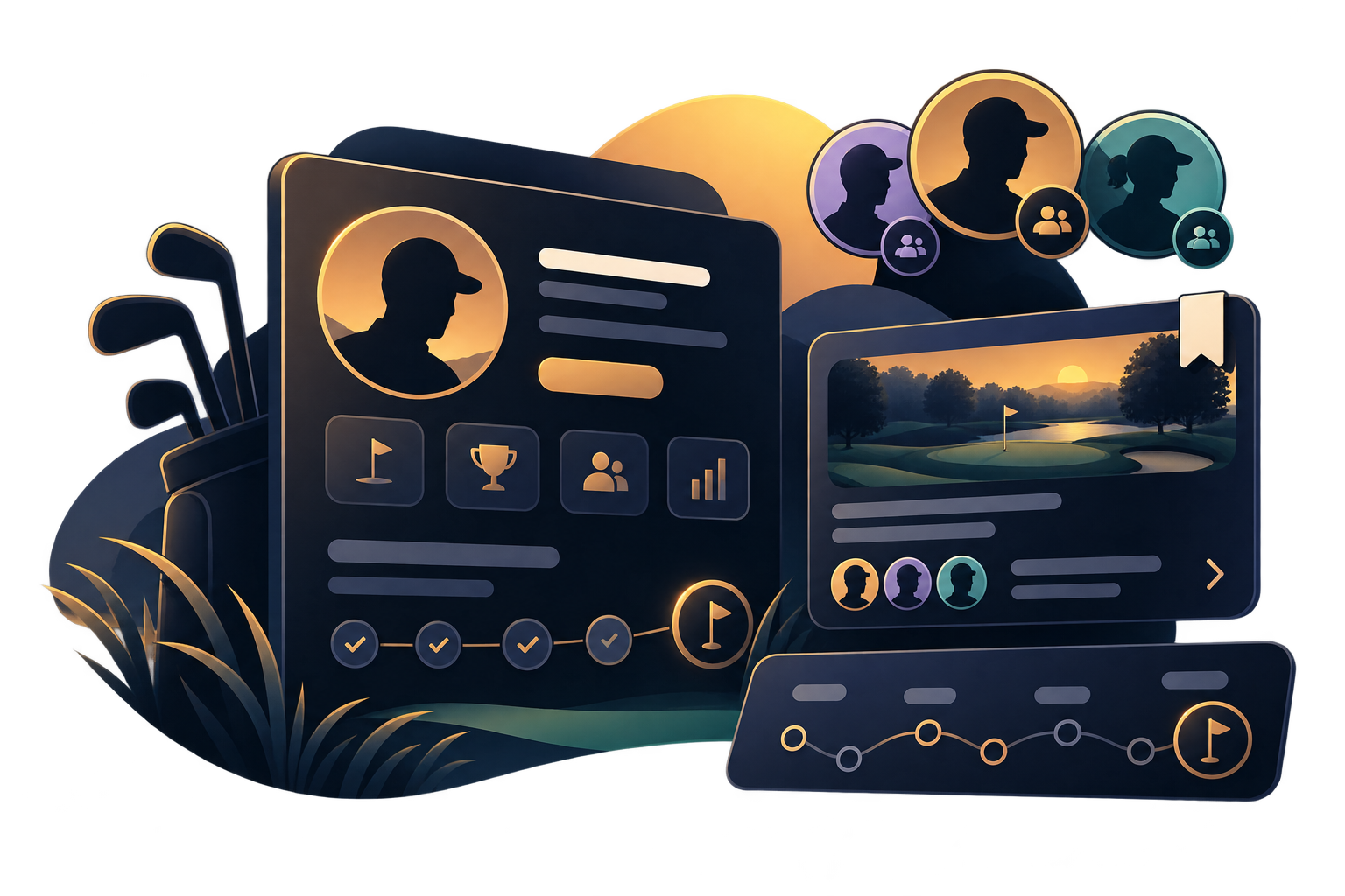 Illustrative golfer profile, crew, shared round, and golf history concepts